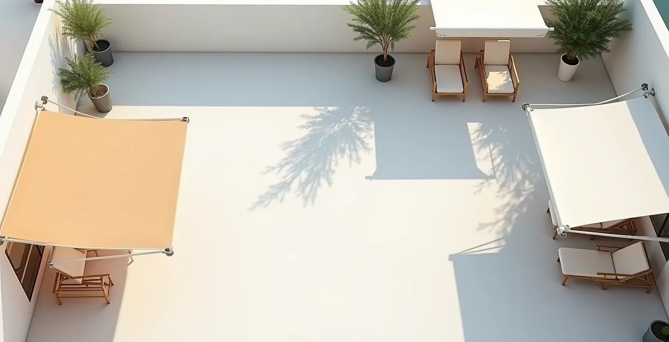 Vue aérienne minimaliste d'une terrasse avec différents types de stores déployés