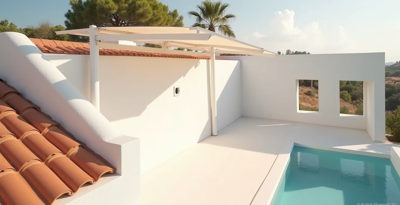 Vue aérienne montrant différentes solutions d'ombrage sur une terrasse