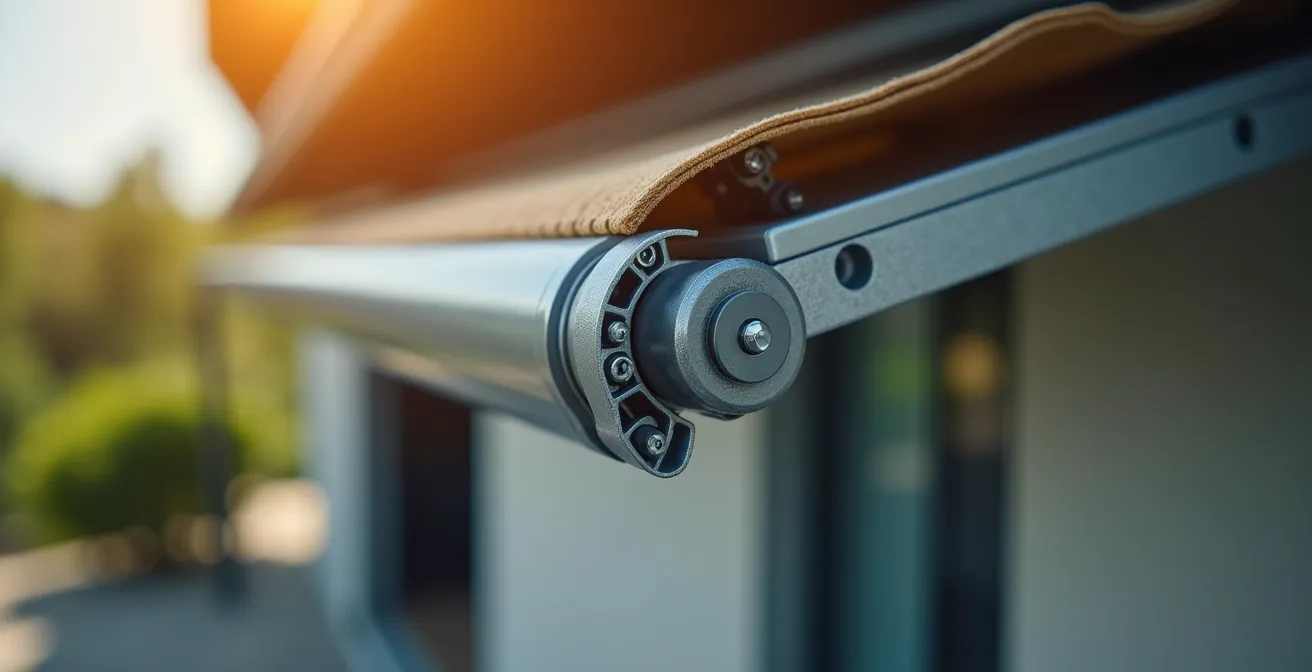 Vue rapprochée des mécanismes internes d'un store banne avec moteur et câblage visibles