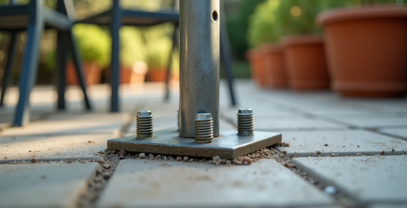 Gros plan sur le système de fixation au sol d'un pied de store double pente