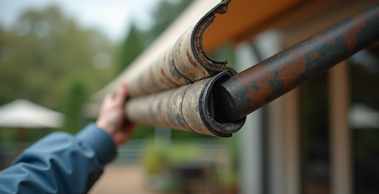 Gros plan sur les articulations et mécanismes d'un bras de store exposé aux intempéries