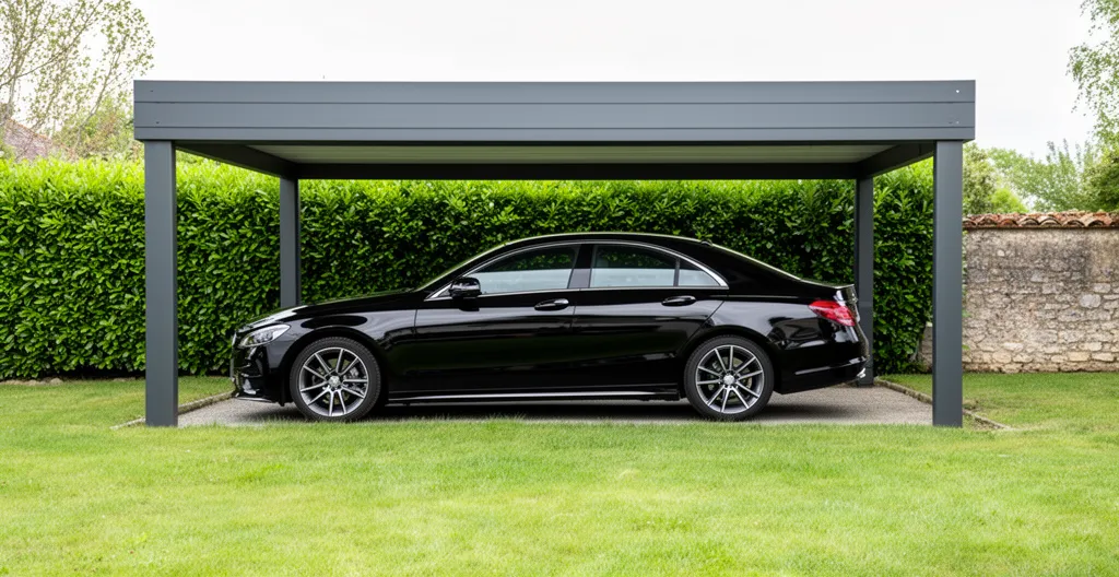 Voiture stationnée sous un carport aluminium gris anthracite dans un jardin résidentiel