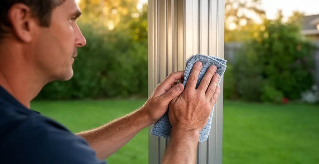 Personne nettoyant un poteau de carport aluminium avec un chiffon