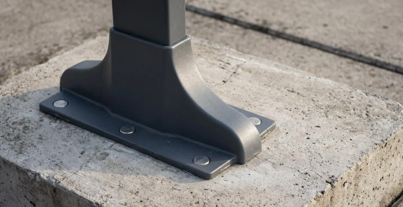 Gros plan sur le pied en fonderie aluminium d'un store banne double pente avec platine de fixation scellée dans une dalle béton par quatre points d'ancrage métalliques