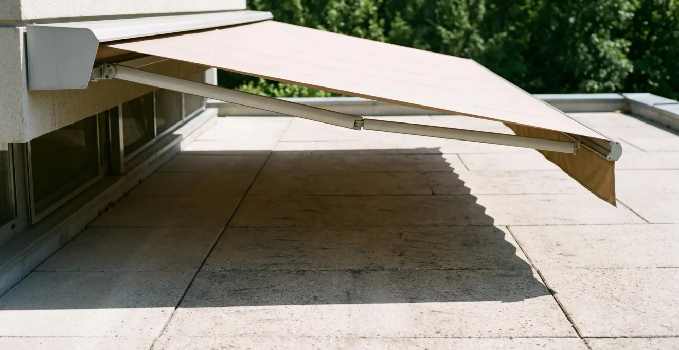 Vue latérale d'un store banne double pente déployé montrant l'inclinaison de la toile beige et l'ombre nette projetée au sol sur les dalles de terrasse